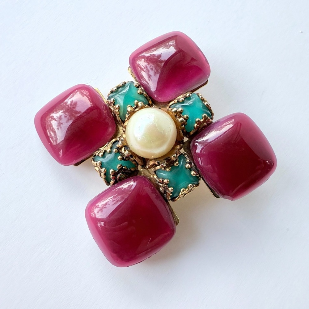 Vintage French Couture Maltese Cross Gilt Brooch w/ Red & Green Glass Faux Pearl